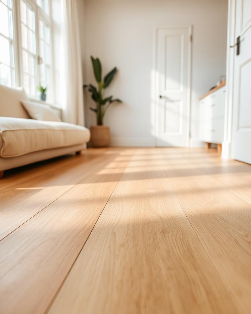 Light wood-look plank flooring in a sunlit family living room