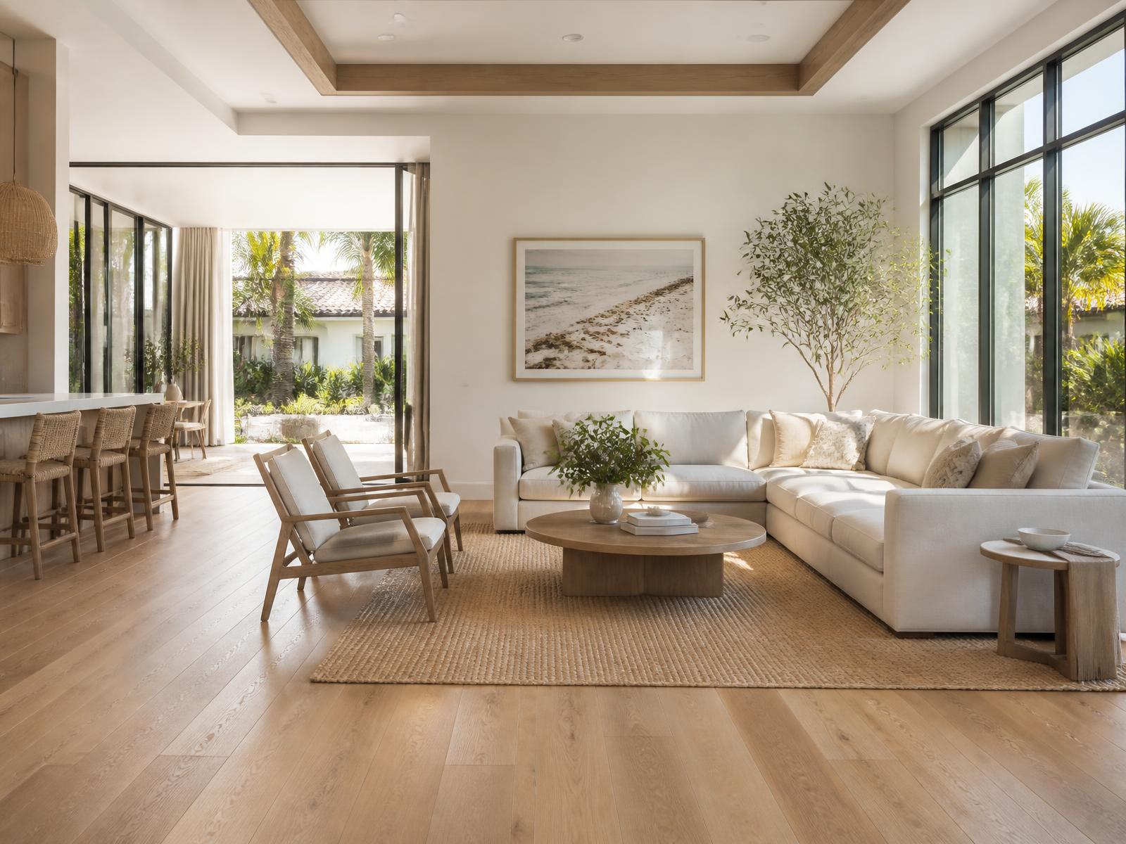 Sunlit modern Florida living room with light oak flooring